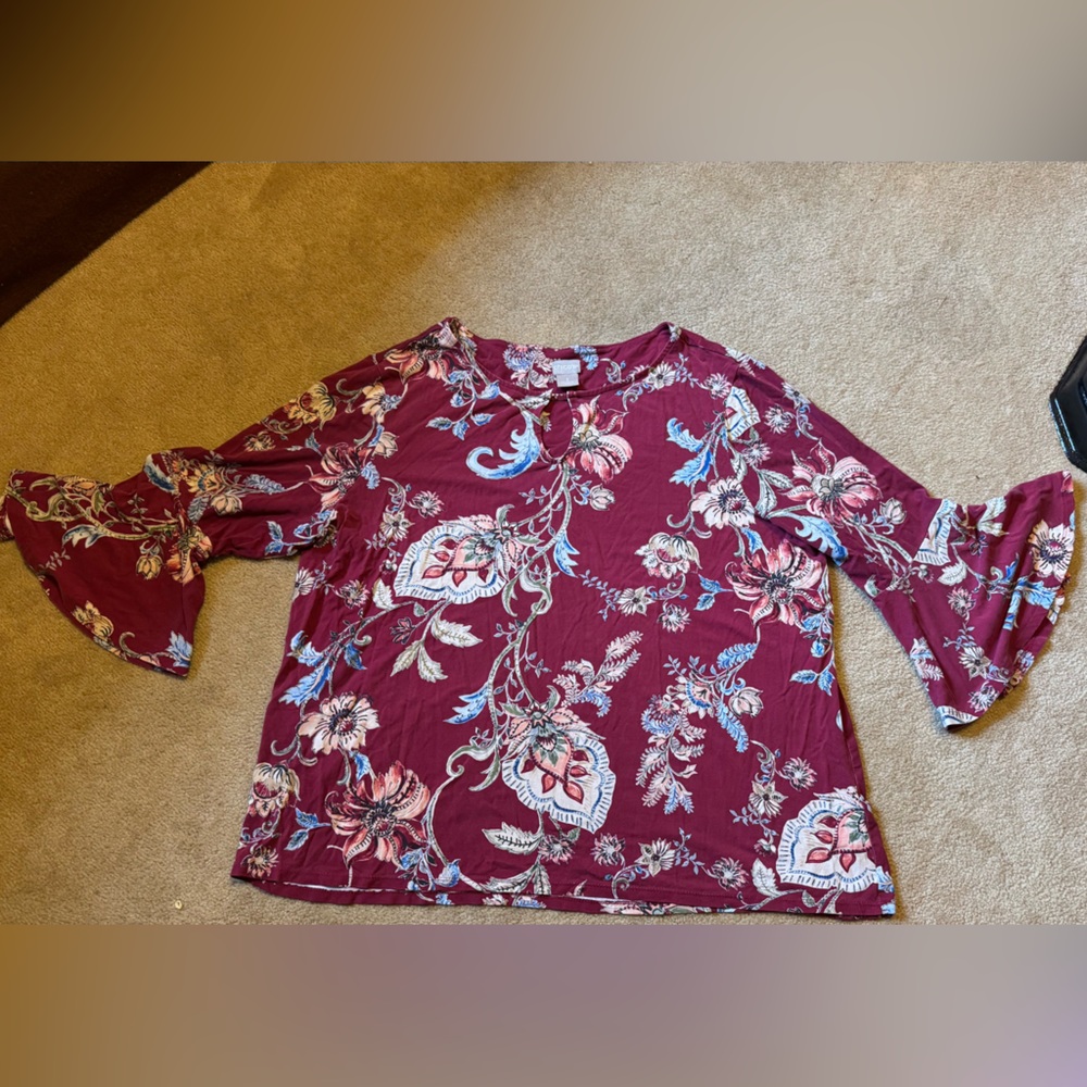 Chico's Burgundy Floral Top with Blue Accents
